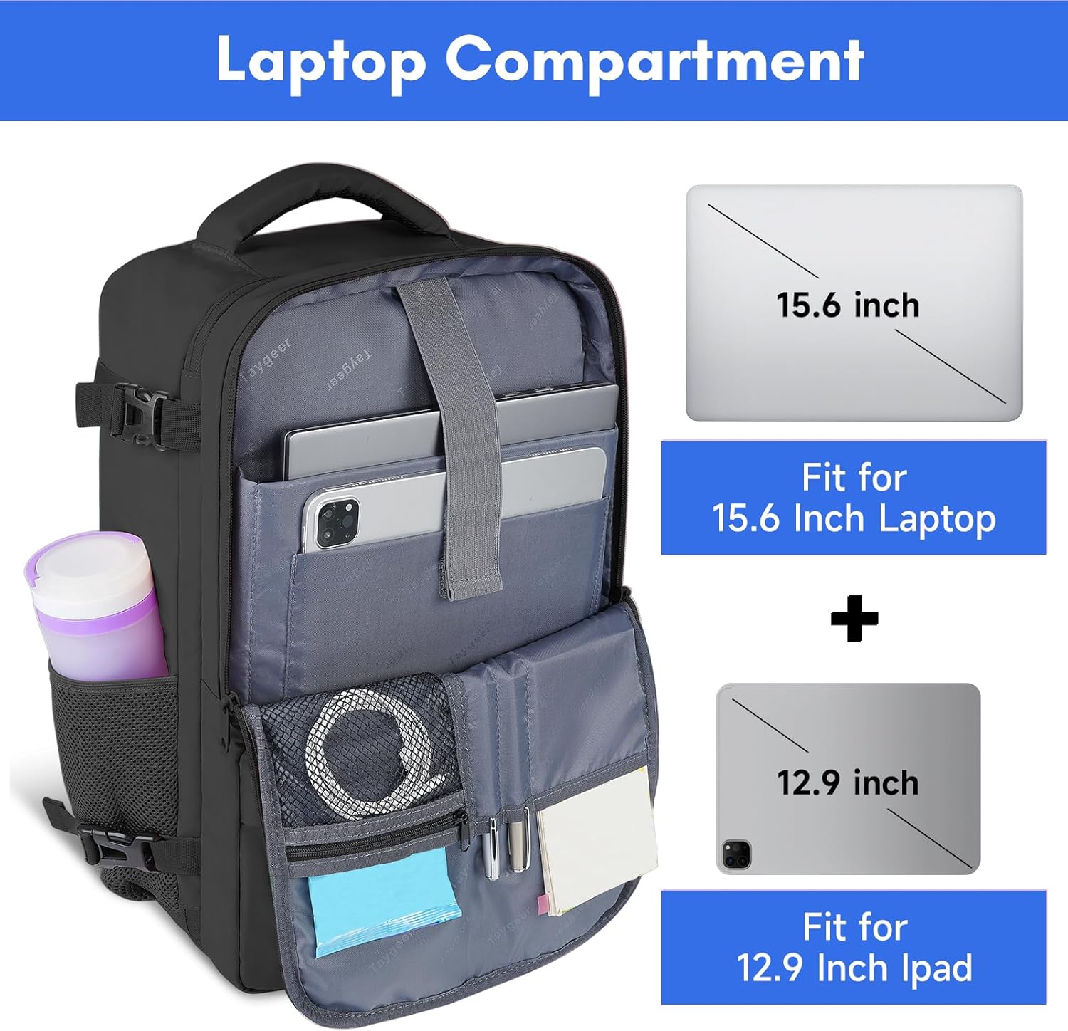 Taygeer Travel Laptop Backpack for Men Women, Airplane Approved Travel Backpack Suitcase with Water Bottle Pocket, Lightweight College 35l Luggage Bag 15.6inch Laptop Mochila Gifts for Business,Black - Image 5